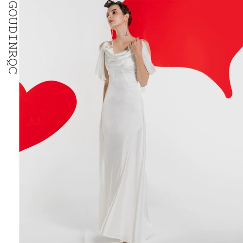 GOUDINRQC/古典青春 Белое длинное элегантное вечернее платье, французский стиль, эффект подтяжки, по фигуре