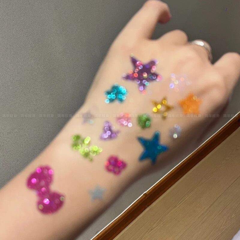 Colorful Sequin Glitter Tattoo Stickers, Five-Pointed Star, Heart, Bow, Waterproof, Sweet and Cool, Summer Photo-Taking Tool