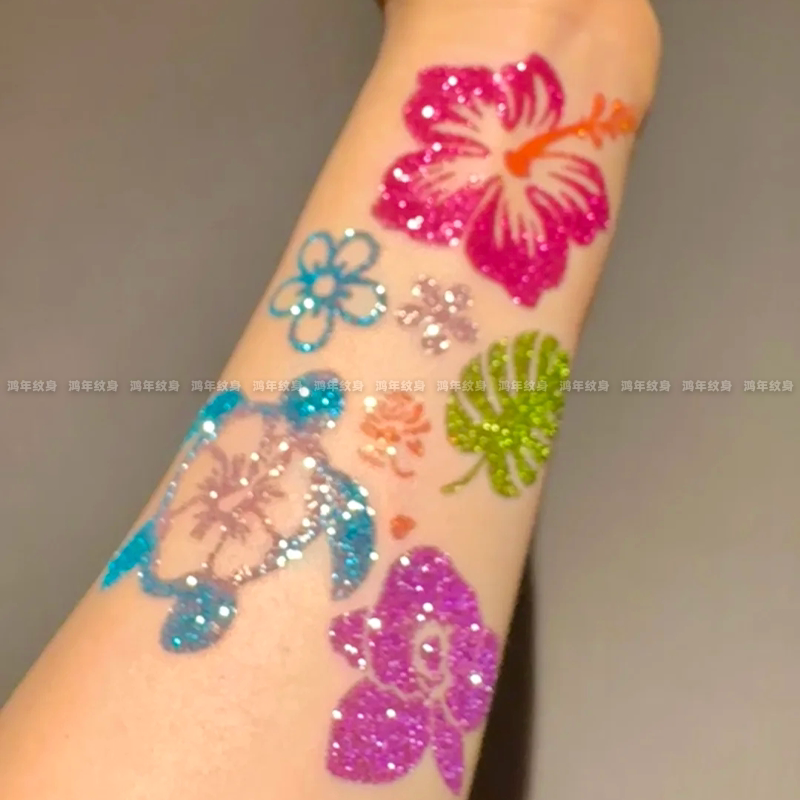 Summer Seaside Hibiscus Flowers and Sea Turtles, Sparkling Tattoo Stickers, Girly Heart Flower Arm, Sweet and Cool Photo Stickers, Shiny
