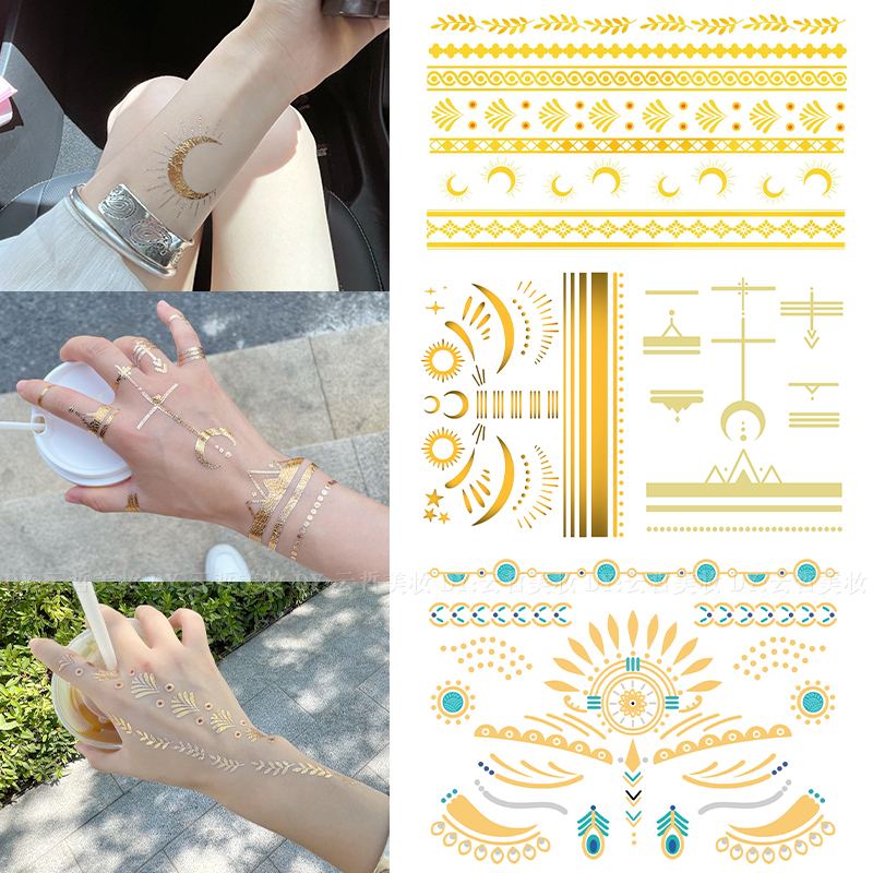 Exotic Style Gold Foil Texture Tattoo Stickers, High-End Personalized Golden Moon Waterproof Long-Lasting Ins-Style Female Stickers