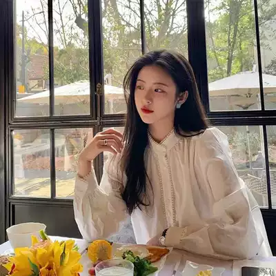 French vintage white chiffon long sleeve shirt lantern sleeve doll shirt chic top design sense niche girl Autumn