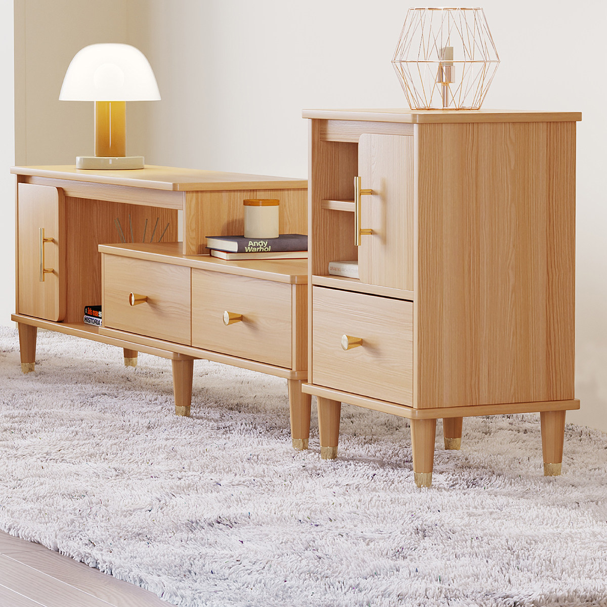 Modern minimalist tea table TV cabinet Composition light extravagant Nordic solid wood full solid wood Easy small family style high-style