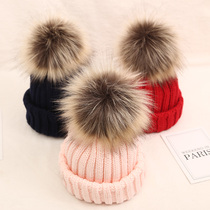 Childrens hats Autumn and winter Boys and girls 0 wool knitted hats 1 Baby baby 2 warm 3 big hair balls 5 tide 7 years old