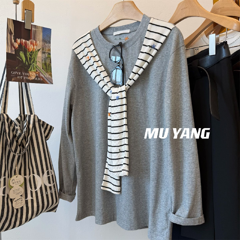 Pure Cotton Maternity Top 2025 Spring and Autumn Striped Faux Two-Piece Shawl Loose T-Shirt Long-Sleeve Base Shirt for Outerwear