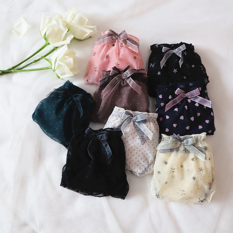 Wang Xiaotang custom summer mesh bow bow college style sweet sexy wooden ear middle waist women's underwear K076