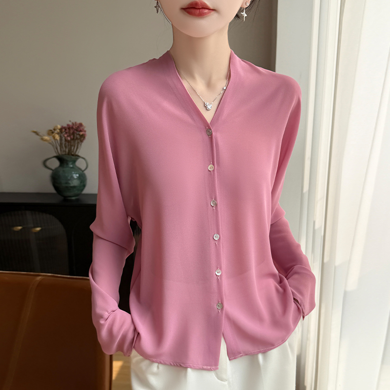 V-Neck Long-Sleeve Cardigan for Women, Thin Sun-Protective Shirt, Versatile Commuter Shirt, Cardigan Jacket, Chiffon Outerwear