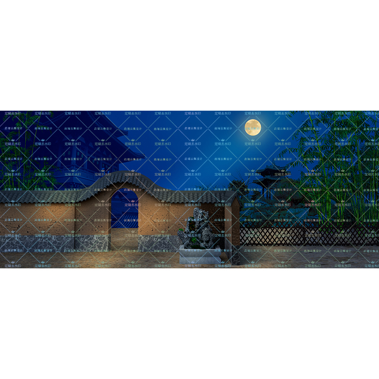 Classical Chinese-Style Ancient Brick Wall, Courtyard Wall, Rockery, Bamboo Fence, Moonlight Night, High-Definition Led Large Screen Image