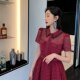 French light luxury retro style lapel sexy hollow high-end heavy lace waist slimming wine red dress