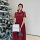 French light luxury retro style lapel sexy hollow high-end heavy lace waist slimming wine red dress