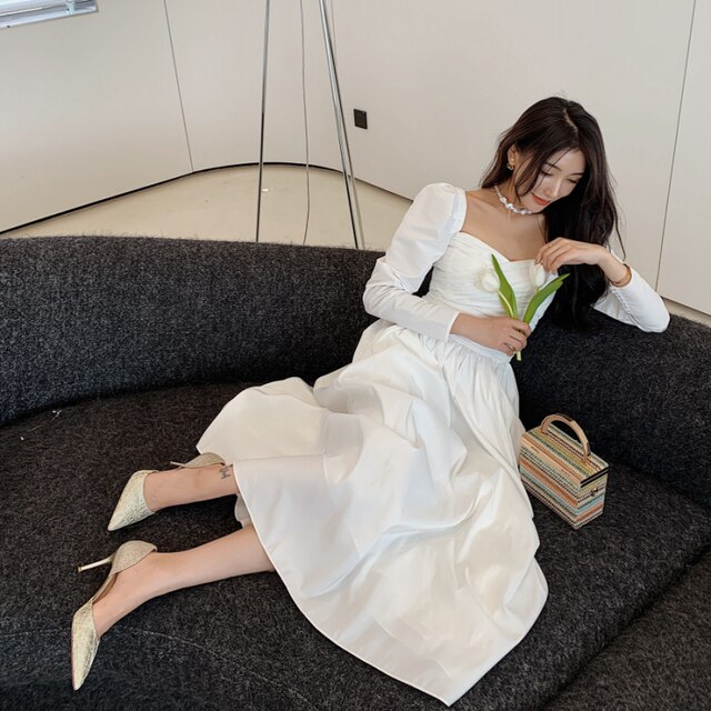 Zhao Liying star with the same paragraph white long-sleeved gorgeous retro dress romantic French tea break temperament fairy dress