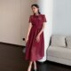 French light luxury retro style lapel sexy hollow high-end heavy lace waist slimming wine red dress