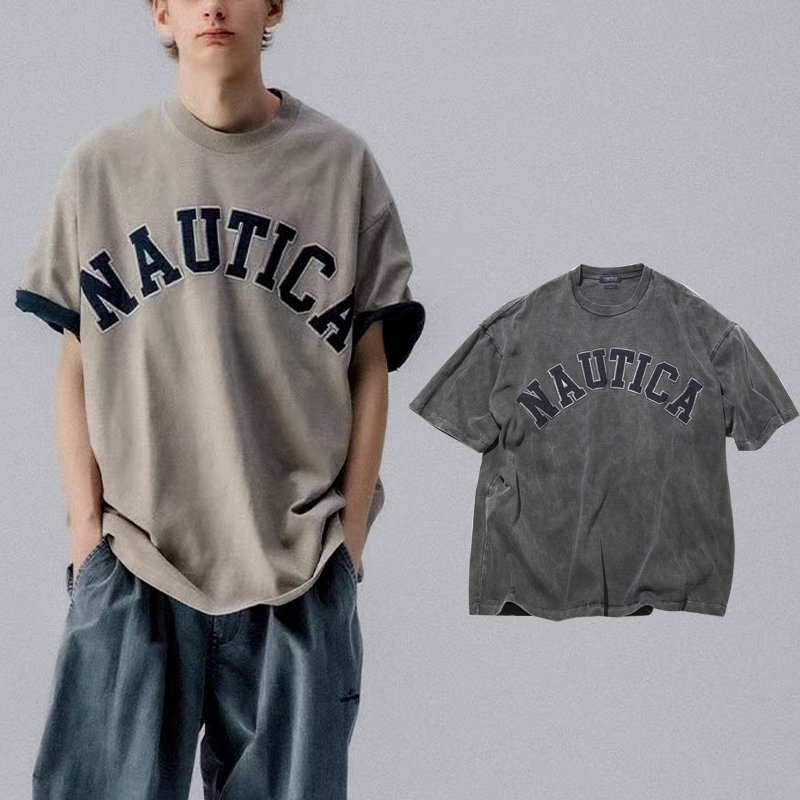 Nautica Japanese Retro Washed Round Neck Short-Sleeved T-Shirt for Men, Casual Loose Letter Embroidery Cityboy Top Nautica Japanese Retro Washed Round Neck Short-Sleeved T-Shirt for Men, Casual Loose Letter Embroidery Cityboy Top
