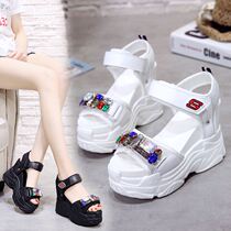 2020 Summer new 11cm Inner height sandals female thick-soled heeled sandals rhinestone muffin slope heel sports sandals