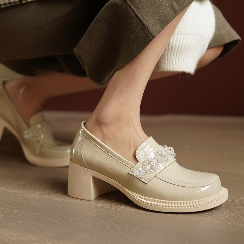 Strange Shu Soft Bottom Genuine Leather Water Drill Dolls Shoes Female Round Head Cute Day Ensemble Jk Coarse Heel Shoes High Heel Lacquered Leather Single Shoes