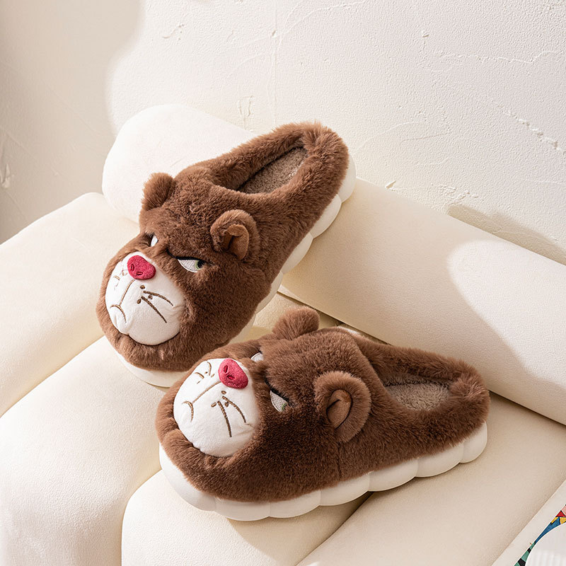 Cartoon Tiger Cotton Slippers for Men, Winter Indoor Home Closed-Toe Thick-Soled Non-Slip Wearable Outdoor Warm Plush Slippers