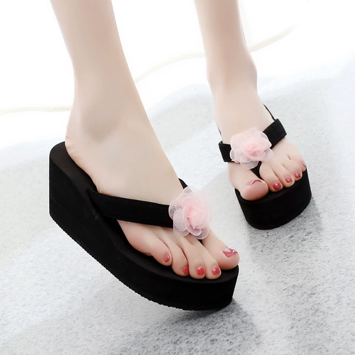 Тапочки, модная обувь на платформе, нескользящие пляжные сланцы, высокие слайдеры, в цветочек