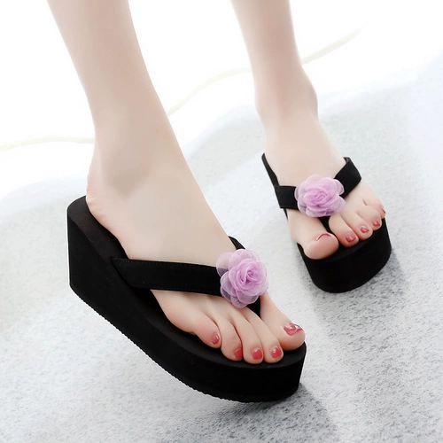 Тапочки, модная обувь на платформе, нескользящие пляжные сланцы, высокие слайдеры, в цветочек