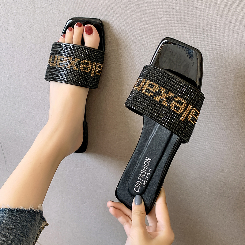 Blacklatest fashion Sandals female 2021 summer new pattern fashion Square head rhinestone Cat heel one word Wear out letter Little high heels sandals