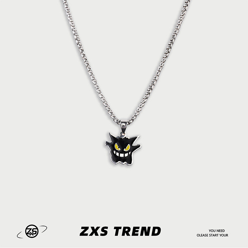 ZXS Japanese and Korean Cartoon Darkened Gengar Titanium Steel Necklace, Personalized Street Dance Hip Hop Pendant Accessory for Men and Women, Trendy