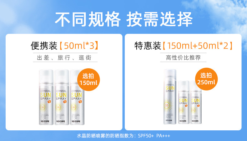 韩国 RECIPE SPF50+ 水晶防晒喷雾 150ml+50ml*2瓶 图1