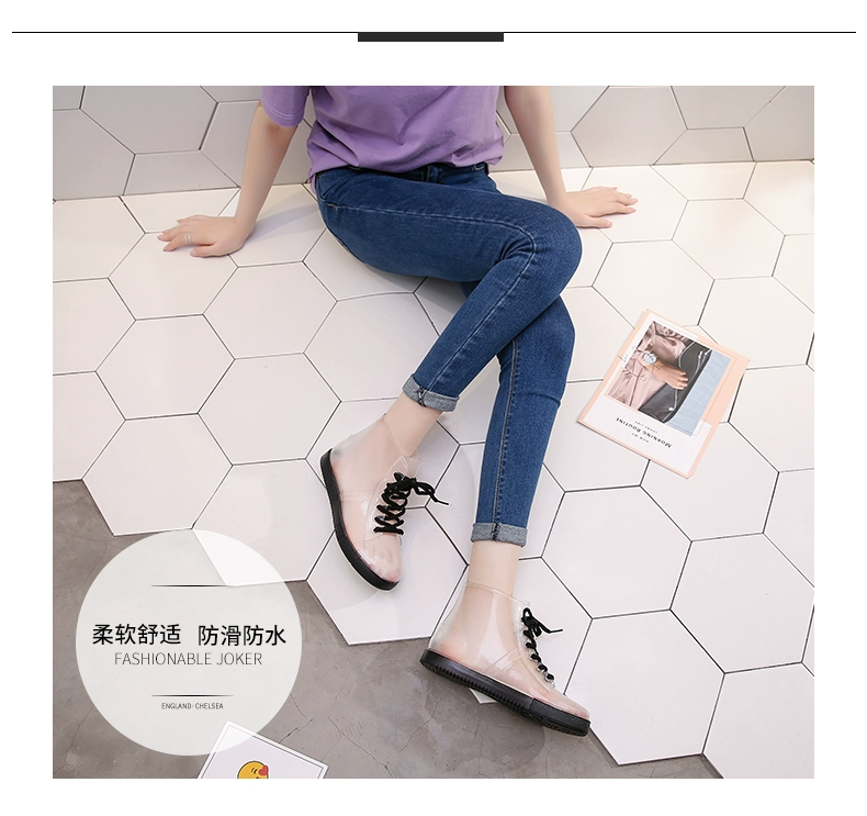 Jelly trong suốt dễ thương người lớn ngắn ống mưa giày nữ không thấm nước giày cao su chống trượt giày đế giày