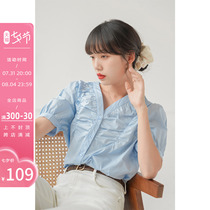 Fascia French style blue V collar shirt female summer new 2022 Bubble Sleeves Folds design Feel Temperament Blouse