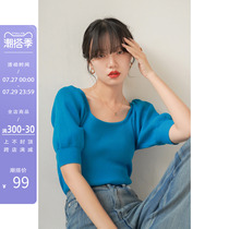 Farth Luffany style square neck Blister Sleeves Knitted Blouse Women Summer 2022 New Vintage Short blue short sleeve T-shirt