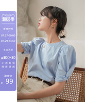 Fascia Bubbly Cuff Blue T-Shirt Woman Summer Dress Short Sleeve Design Sensation Small Crowd Easy 100 Lapped Foreign Air Short blouse