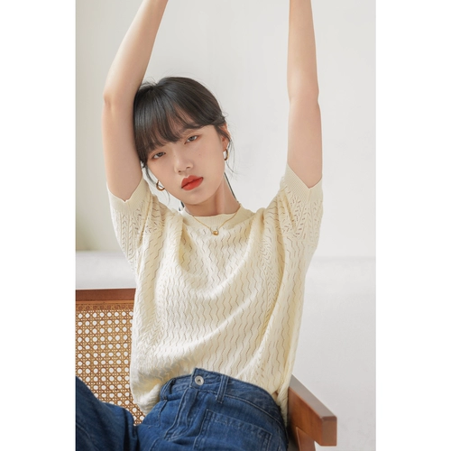 Летняя шелковая короткая футболка с коротким рукавом, тонкий трикотажный свитер, французский стиль, свободный крой, короткий рукав