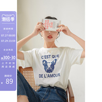 Fascia white t-shirt female short sleeve 2022 new summer loose round collar French style retro printed short blouse