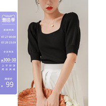 Farth Luffany style square neck Blister Sleeves Knitted Blouse Women Summer New Ice Silk Retro Short black short sleeve T-shirt