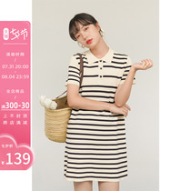Fascia polo polo collar striped knit one-piece dress female summer ice silk short sleeve loose and thin temperament casual t-shirt dress