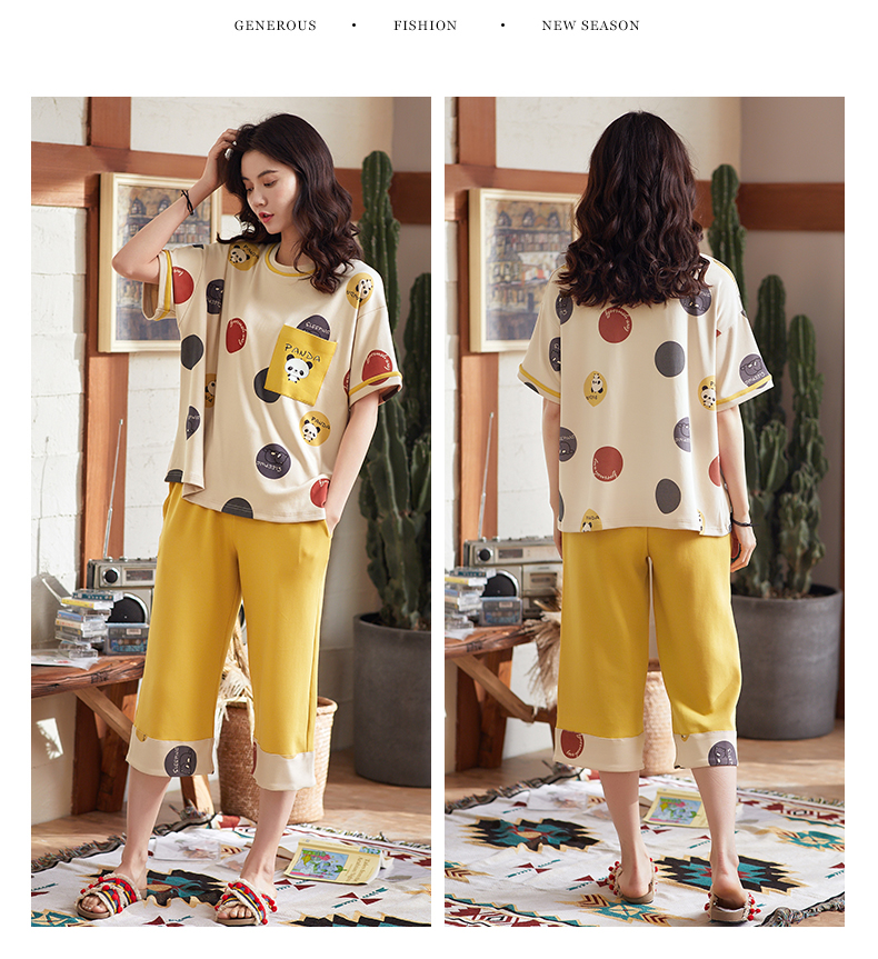 Quần short cạp cao tay ngắn bộ đồ cotton mùa hè của phụ nữ hai mảnh phiên bản Hàn Quốc của bộ lỏng lẻo của cổ tròn hoạt hình dịch vụ nhà - Giống cái bộ pijama lụa