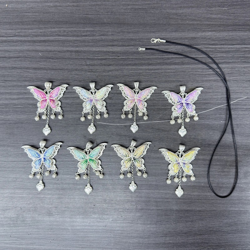 Guizhou Ethnic Style Hand-Embroidered Miao Silver Pendant Necklace Jewelry Original Embroidery Miao Embroidery Butterfly Pendant Finished Product