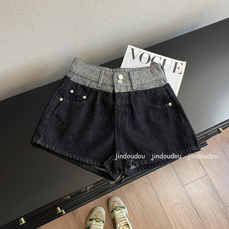 Dark Blue Denim Shorts for Women, Summer Wear, Retro Patchwork, Contrasting Color Waistband, 2026 Super Hot and Very Attractive Pants