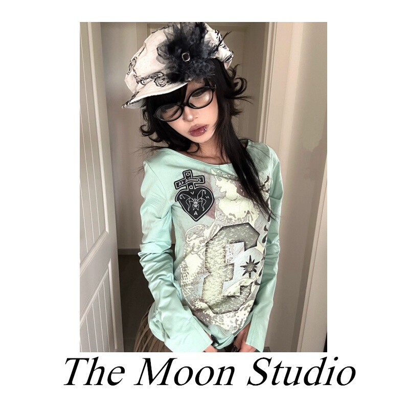 Y2K Millennium Mint Green Sorona Mermaid Print Long Sleeve Women's Summer Slim Fit T-Shirt Niche Top