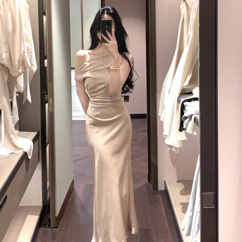 French-Style Elegant Off-Shoulder Satin Dress for Women, Summer 2026 New High-End Fishtail Evening Gown Long Dress French-Style Elegant Off-Shoulder Satin Dress for Women, Summer 2026 New High-End Fishtail Evening Gown Long Dress