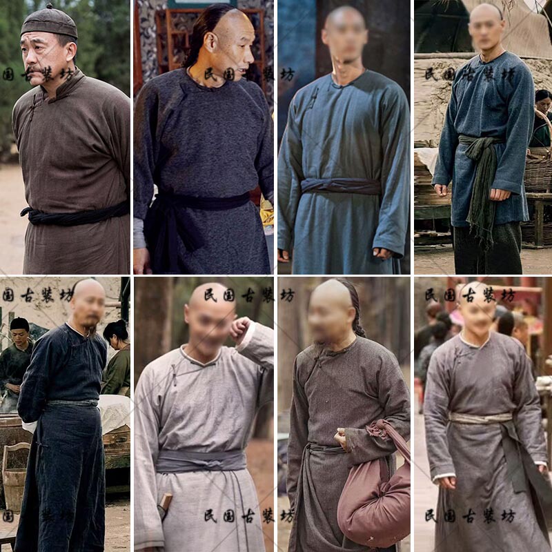 Film and Television Costume, Qing Dynasty and Republic of China Era, Cotton and Linen Round-Neck Long Shirt, Long Robe, Butler, Young Master, Worker, Farmer, Villager Performance Costume Film and Television Costume, Qing Dynasty and Republic of China Era, Cotton and Linen Round-Neck Long Shirt, Long Robe, Butler, Young Master, Worker, Farmer, Villager Performance Costume