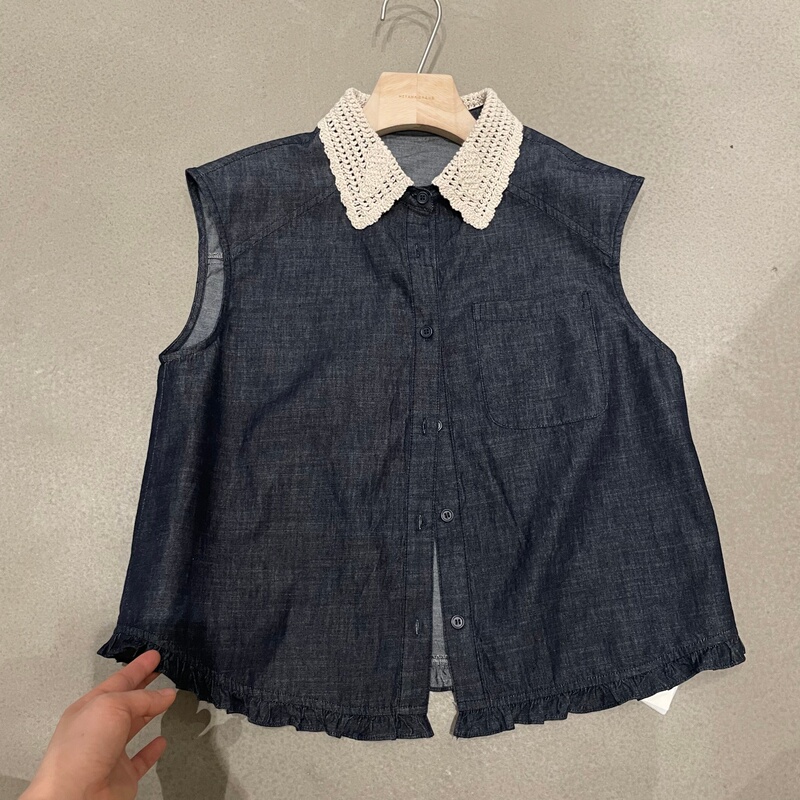 French-Style Niche He157 Design Lace-Trimmed Sleeveless Vest with Deep Denim Shirt and Ruffled Hem French-Style Niche He157 Design Lace-Trimmed Sleeveless Vest with Deep Denim Shirt and Ruffled Hem