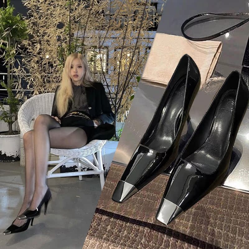 2026 Spring and Autumn New Style Park Chaeyoung High Heels Women's Stiletto Versatile Sexy Black Patent Leather Women's Shoes Comfortable for Feet