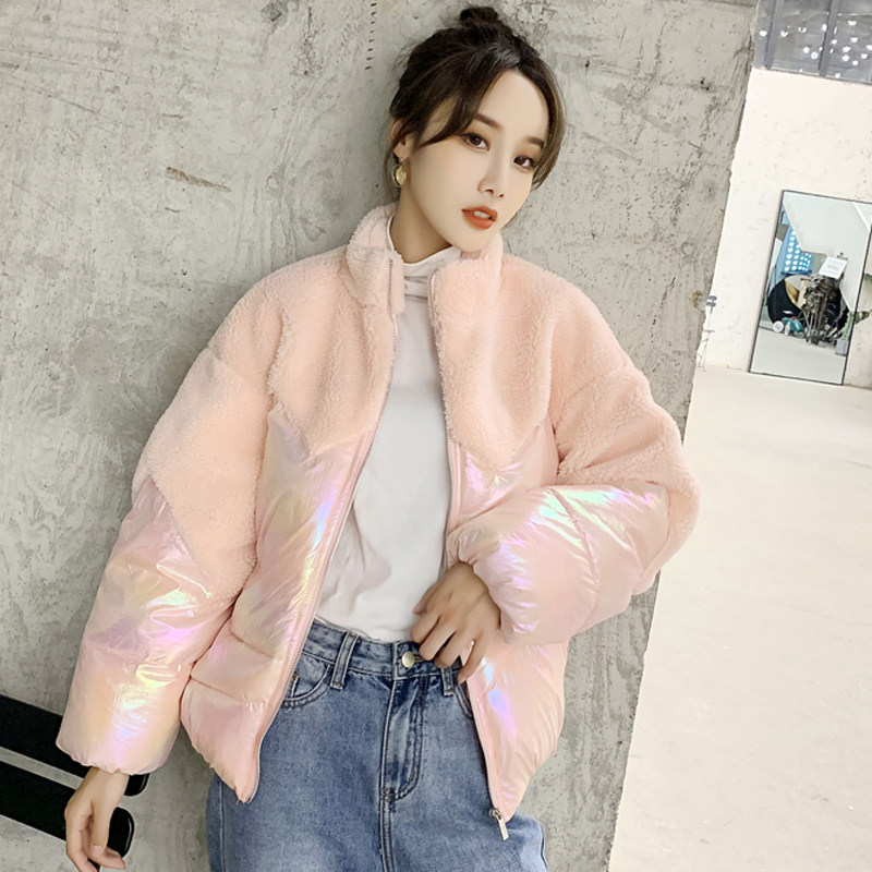 亮色拼接棉服女2019新款韩版冬季颗粒仿羊羔毛绒外套皮毛一体棉衣