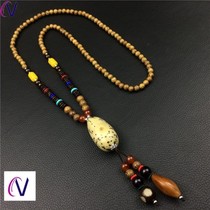  Chinese style retro cotton and linen clothes necklace Wood beads pendant Mens and womens neck accessories Pendant pendant Summer 