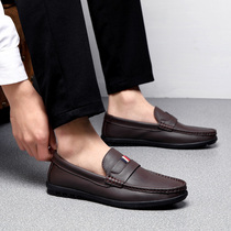 Spring mens casual leather shoes middle-aged dad leather beanie shoes Mens summer breathable driving a pedal lazy shoes