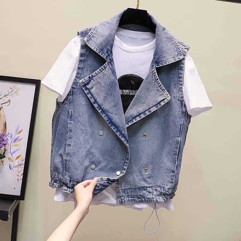 Trạm van Meilin châu Âu giản dị ánh sáng màu denim áo giáp Lẳng lơ lớn đang cuộn neckless vest hiển thị mỏng gập ghềnh vai thủy triều