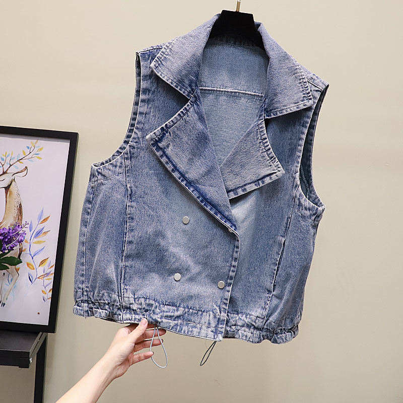 Trạm van Meilin châu Âu giản dị ánh sáng màu denim áo giáp Lẳng lơ lớn đang cuộn neckless vest hiển thị mỏng gập ghềnh vai thủy triều