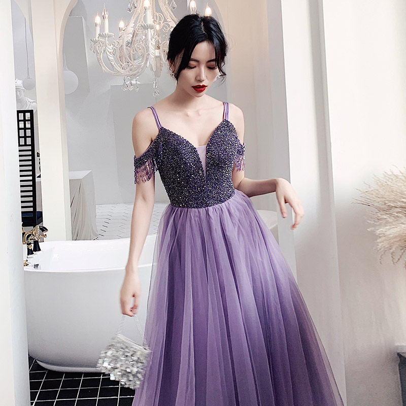 Evening dress women's 2020 new temperament toast clothing heavy industry banquet annual meeting dress skirt fairy dreamy word shoulder purple