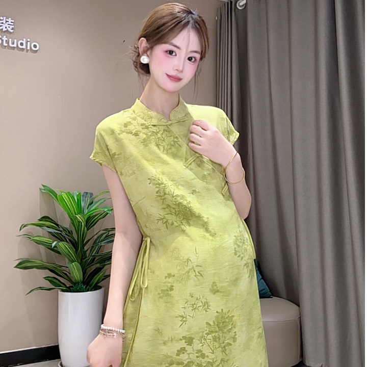 【Golden Bamboo Ode】Maternity Wear Summer New Chinese Style Shimmering Brocade National Style Dress Slimming Improved Cheongsam Dress 【Golden Bamboo Ode】Maternity Wear Summer New Chinese Style Shimmering Brocade National Style Dress Slimming Improved Cheongsam Dress