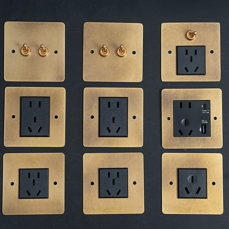 Retro Brass Toggle Switch Socket with Antique Brass Panel for Hotel, Guesthouse, and Cafe, Five-Hole Two/Three Socket