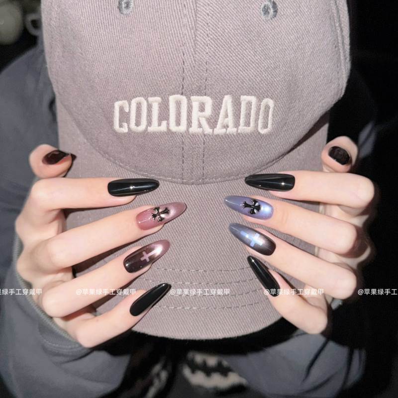[Nun·Pink Blue Ab Style] Black, Blue, and Pink Two-Tone Cat Eye Sweet Cool Dark Style Brightening Handmade Wearable Nail Art