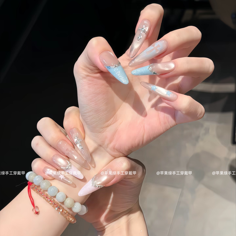 【Blue and Pink Cross】Crowe Double Layer Wearable Nails, Sparkling Pure Desire Style, Handmade, Brightening Cat Eye Gradient Manicure